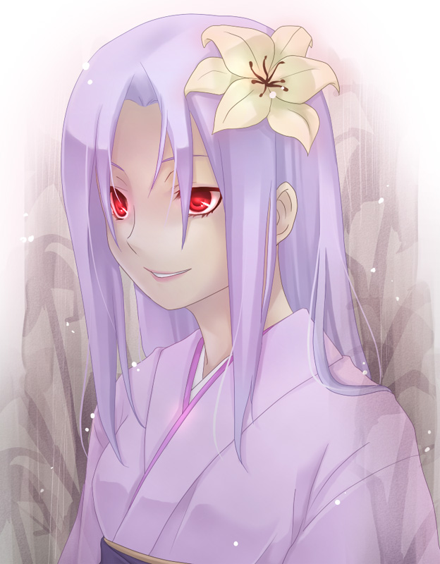 sugi, isayama mei, ga-rei, ga-rei zero, 00s, flower, hair flower, hair ornament, japanese clothes, kimono, long hair, purple hair, red eyes, smile