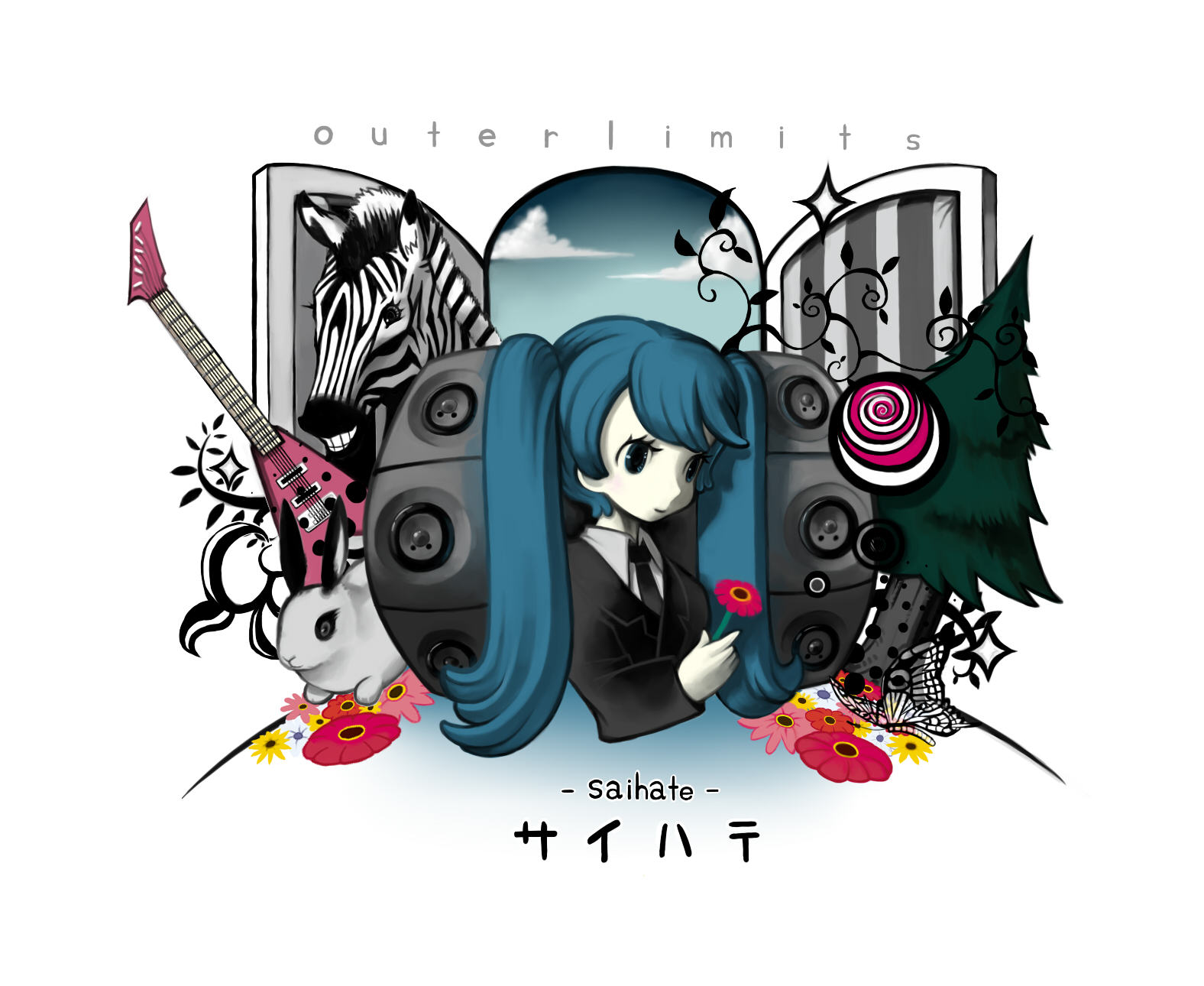 suzuki. g, hatsune miku, hatsune miku (saihate), saihate (vocaloid), vocaloid, bad id, bad pixiv id, highres, 1girl, blue eyes, blue hair, bug, butterfly, daisy (flower), female focus, flower, formal clothes, guitar, insect, instrument, long hair, matching hair/eyes, necktie, rabbit, skirt, skirt suit, solo, suit, tree, twintails, zebra