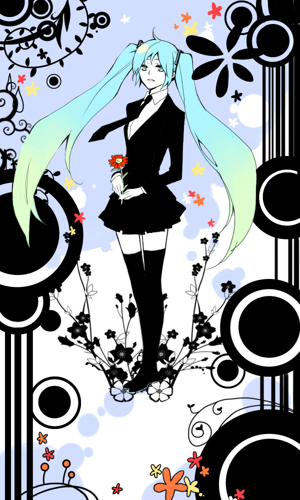 mig (36th underground), hatsune miku, hatsune miku (saihate), saihate (vocaloid), vocaloid, bad id, bad pixiv id, 1girl, ahoge, aqua eyes, aqua hair, daisy (flower), female focus, flower, formal clothes, gradient hair, legs, long hair, multicolored hair, necktie, skirt, skirt suit, smile, solo, suit, thighhighs, twintails, zettai ryouiki