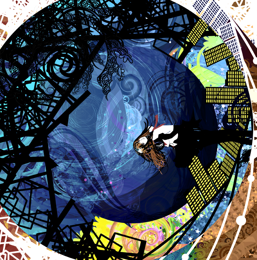 kazaana, original, abstract, brown hair, building, long hair, psychedelic, school uniform, serafuku, solo