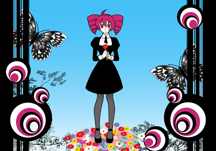 onemu hormone, hatsune miku, hatsune miku (saihate), kasane teto, saihate (vocaloid), utau, vocaloid, 1girl, ahoge, black dress, bug, butterfly, daisy (flower), dress, drill hair, female focus, flower, formal clothes, insect, necktie, pantyhose, red eyes, red hair, solo, twin drills, twintails