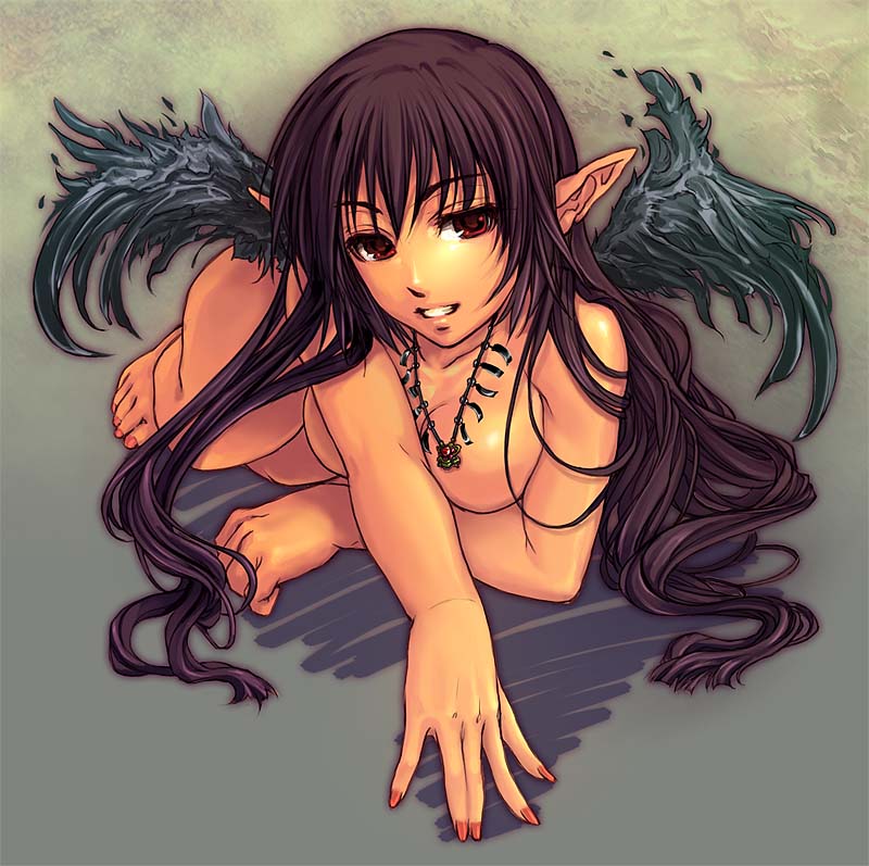 yoko juusuke, ac milan, 1girl, breasts, brown hair, demon, demon girl, demon wings, female focus, jewelry, long hair, looking at viewer, lying, nail polish, necklace, nude, personification, pointy ears, red eyes, smile, soccer, solo, wings