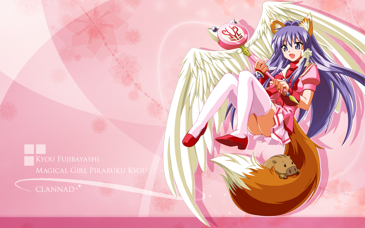 naka noboru, botan (clannad), fujibayashi kyou, clannad, bad id, bad pixiv id, 00s, animal ears, fang, fox ears, fox tail, long hair, magical girl, purple eyes, purple hair, tail, thighhighs, wand, white thighhighs, wings