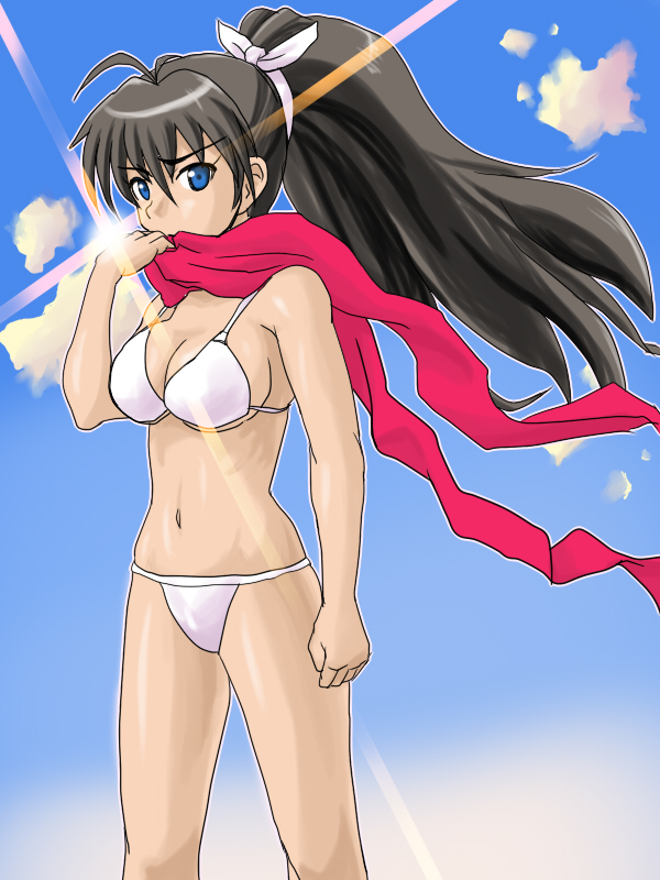 red p (redfrogsplash), ganaha hibiki, idolmaster, idolmaster (classic), 00s, 1girl, bikini, black hair, blue eyes, breasts, female focus, glowing, high ponytail, long hair, outdoors, ponytail, scarf, sky, solo, string bikini, swimsuit, white bikini