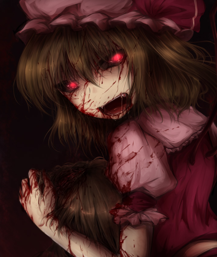 shimo (depthbomb), flandre scarlet, touhou, 1girl, black sclera, blonde hair, blood, blood on clothes, blood on face, colored sclera, creepy, dark, eating, fangs, female focus, glowing, glowing eyes, guro, hat, horror (theme), injury, looking back, mob cap, open mouth, pink hat, red eyes, solo, vampire, wings