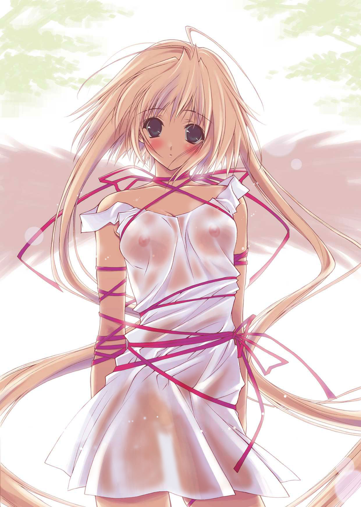 character request, highres, blonde hair, blush, long hair, looking at viewer, nipples, ribbon, see-through clothes