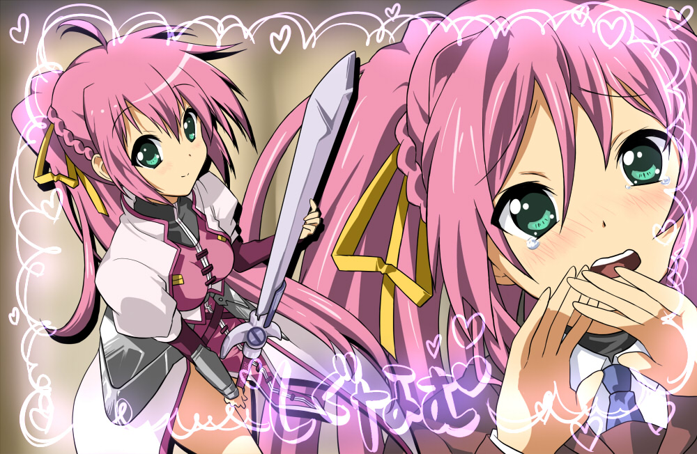 467 (artist), laevatein (nanoha), signum, k-on!, lyrical nanoha, mahou shoujo lyrical nanoha, mahou shoujo lyrical nanoha strikers, bad id, bad pixiv id, green eyes, long hair, parody, pink hair, ponytail, sword, tears, weapon, whip sword