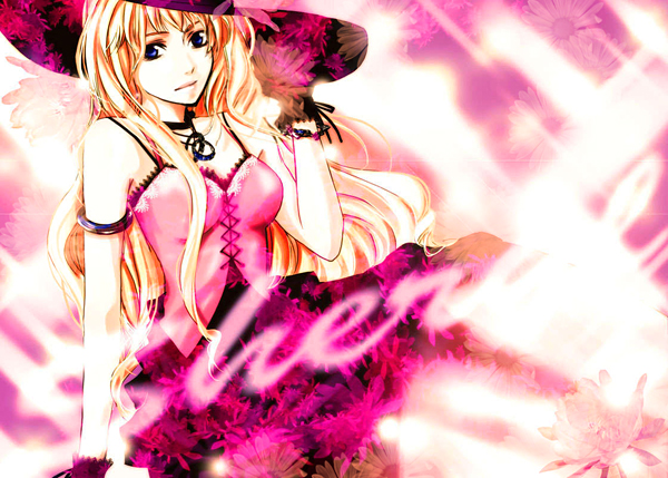 dcvermeer, sheryl nome, macross, macross frontier, bad id, bad pixiv id, 00s, blonde hair, blue eyes, bracelet, dress, hat, jewelry, long hair, necklace, solo