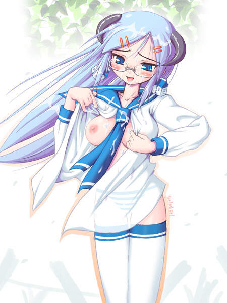 blue eyes, blue hair, blush, breasts, cum, glasses, horns, long hair, school uniform
