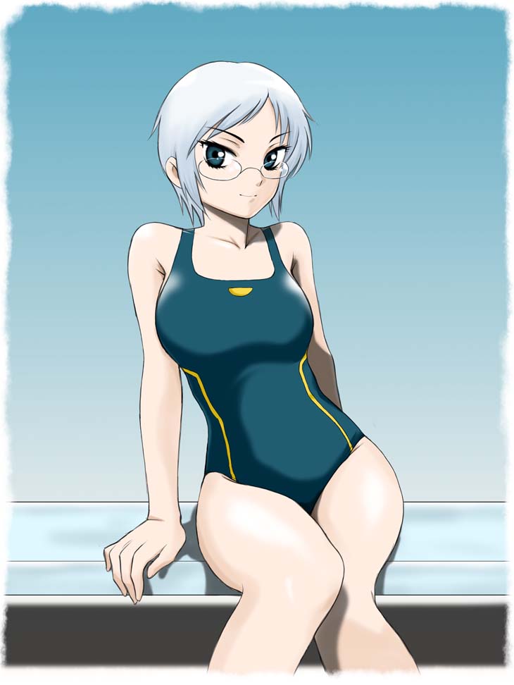 sabachiyo land, ga-rei, ga-rei zero, silver hair, 00s, 1girl, bare shoulders, breasts, competition swimsuit, female focus, glasses, green eyes, one-piece swimsuit, short hair, solo, swimsuit