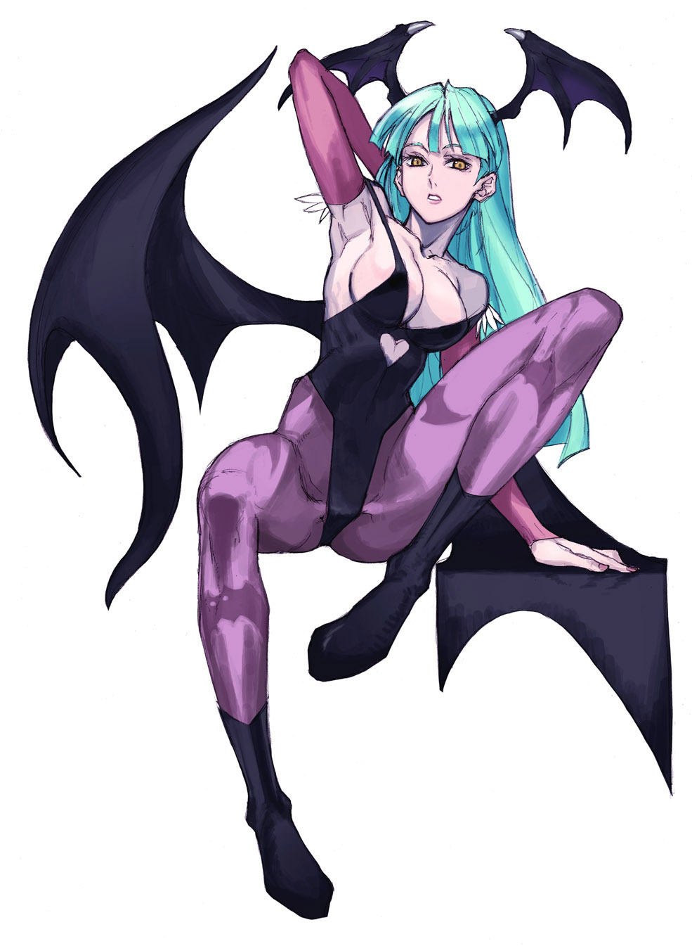 tetsu (kimuchi), morrigan aensland, capcom, darkstalkers, highres, 1girl, animal print, armpits, bat print, bat wings, demon girl, elbow gloves, female focus, gloves, head wings, leotard, pantyhose, print pantyhose, simple background, solo, white background, wings