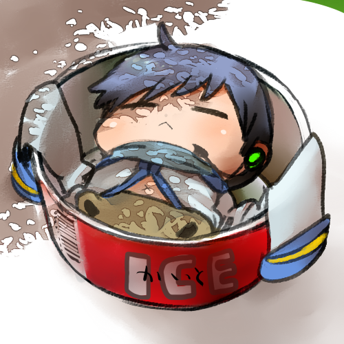 agata no michi, kaito (vocaloid), vocaloid, lowres, 1boy, :<, blue hair, chibi, closed eyes, food, headset, ice cream, male focus, outdoors, scarf, sleeping, solo