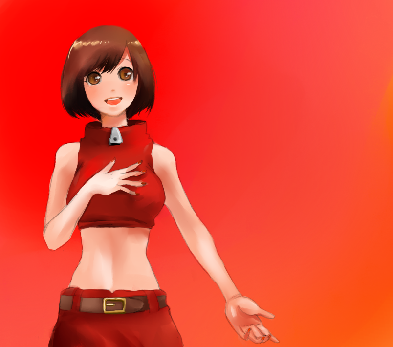 agata no michi, meiko (vocaloid), vocaloid, 1girl, belt, brown eyes, brown hair, female focus, gradient background, midriff, open mouth, short hair, simple background, smile, solo