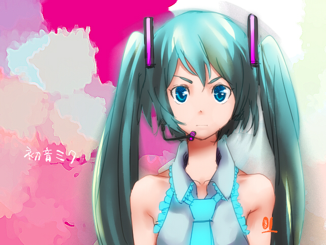 agata no michi, hatsune miku, vocaloid, aqua hair, blue eyes, headphones, headset, long hair, microphone, necktie, solo, twintails