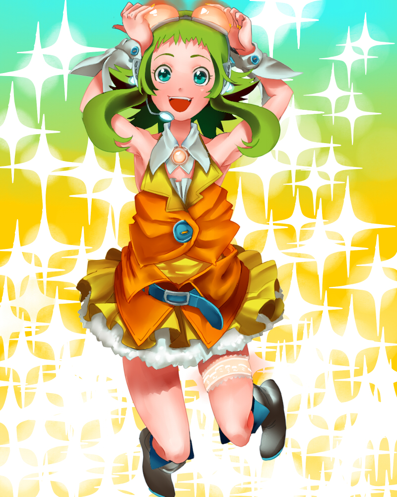agata no michi, gumi, vocaloid, 1girl, belt, boots, female focus, goggles, green eyes, green hair, jumping, matching hair/eyes, open mouth, skirt, smile, solo