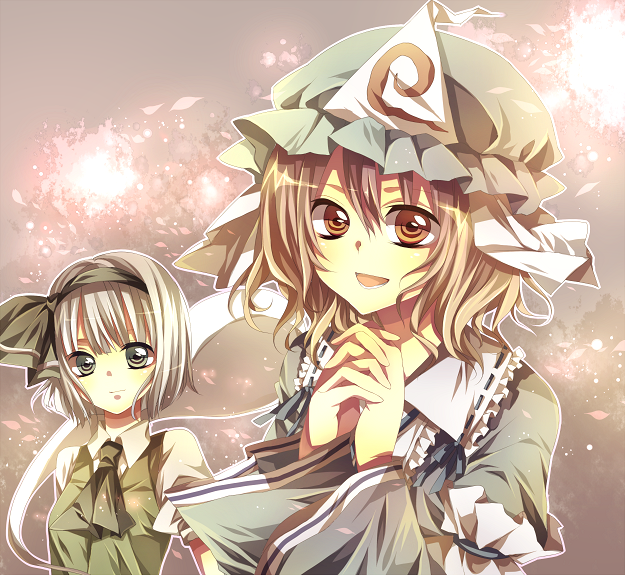 tsukioka tsukiho, konpaku youmu, konpaku youmu (ghost), saigyouji yuyuko, touhou, bad id, bad pixiv id, 2girls, female focus, green eyes, hat, multiple girls, petals, pink eyes, pink hair, white hair