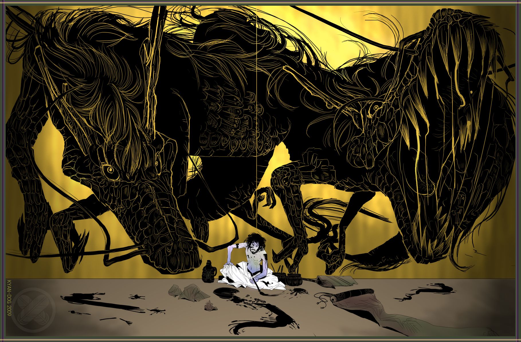 kyan-dog, original, highres, 1boy, calligraphy brush, dragon, epic, ink, male focus, monochrome, monster, paintbrush, painting (action), scroll, skinny, solo, topless male, yellow theme