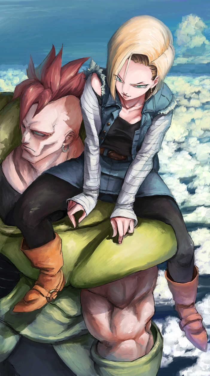 iridori, android 16, android 18, dragon ball, dragonball z, highres, 1boy, 1girl, android, arm support, armor, black leggings, blonde hair, boots, carrying, cloud, collarbone, day, denim, denim skirt, earrings, from above, green eyes, jewelry, latex, leggings, long sleeves, looking at viewer, manly, mohawk, muscular, pantyhose, short hair, shoulder carry, sitting, sitting on shoulder, size difference, skirt, sky, spread legs, vest