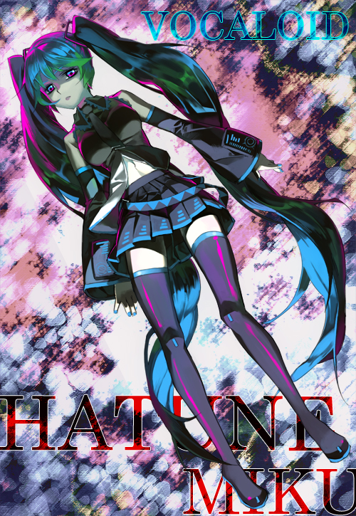 yang (binari), yang (pixiv855834), hatsune miku, vocaloid, bad id, bad pixiv id, 1girl, belt, blue nails, boots, detached sleeves, dutch angle, female focus, green eyes, green hair, legs, long hair, matching hair/eyes, midriff, multicolored eyes, multicolored hair, nail polish, necktie, skirt, solo, text background, text focus, thigh boots, thighhighs, twintails, very long hair, zettai ryouiki