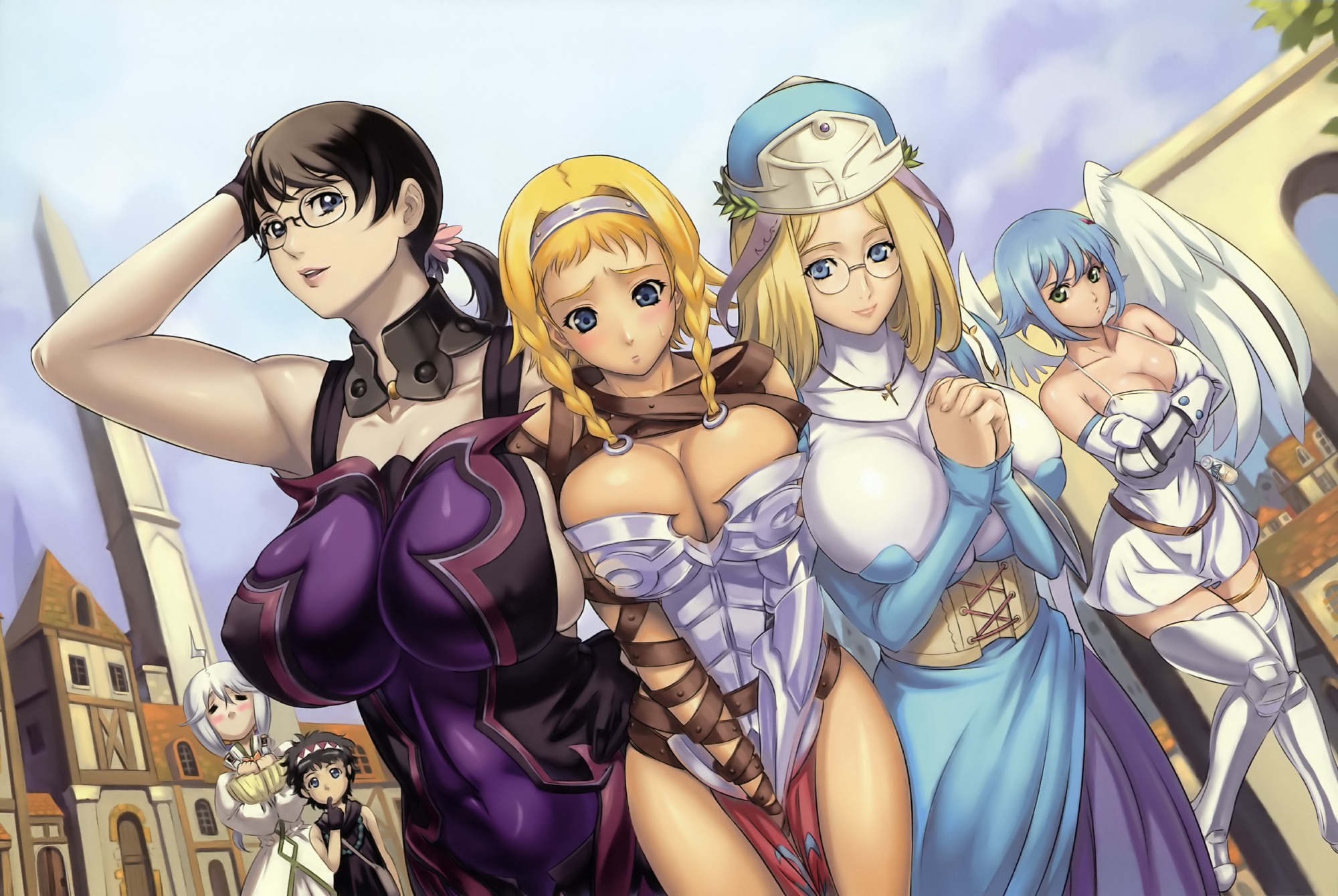eiwa, cattleya (queen's blade), fiotiel shalaklard, leina (queen's blade), melpha, nanael (queen's blade), rana (queen's blade), queen's blade, highres, official art, 00s, 2boys, 4girls, age difference, angel, armor, black hair, blonde hair, blush, breast envy, breasts, cleavage, large breasts, mother and son, multiple boys, multiple girls, priestess, shota, sweat, white hair, wings