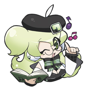 akatsuki gomoku, macne nana, apple inc., macne series, lowres, official art, 1girl, beamed quavers, beret, book, chibi, female focus, glasses, green eyes, green hair, hat, headset, macintosh, matching hair/eyes, musical note, one eye closed, quaver, simple background, solo, white background, wink