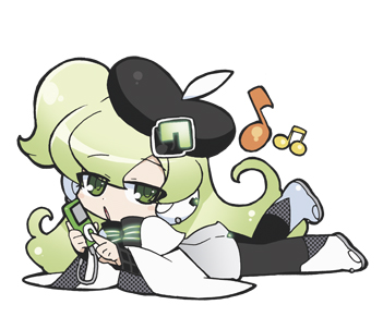 akatsuki gomoku, macne nana, macne nana petit, apple inc., macne series, lowres, official art, 1girl, beamed quavers, beret, chibi, digital media player, green eyes, green hair, hat, headset, ipod, macintosh, musical note, quaver