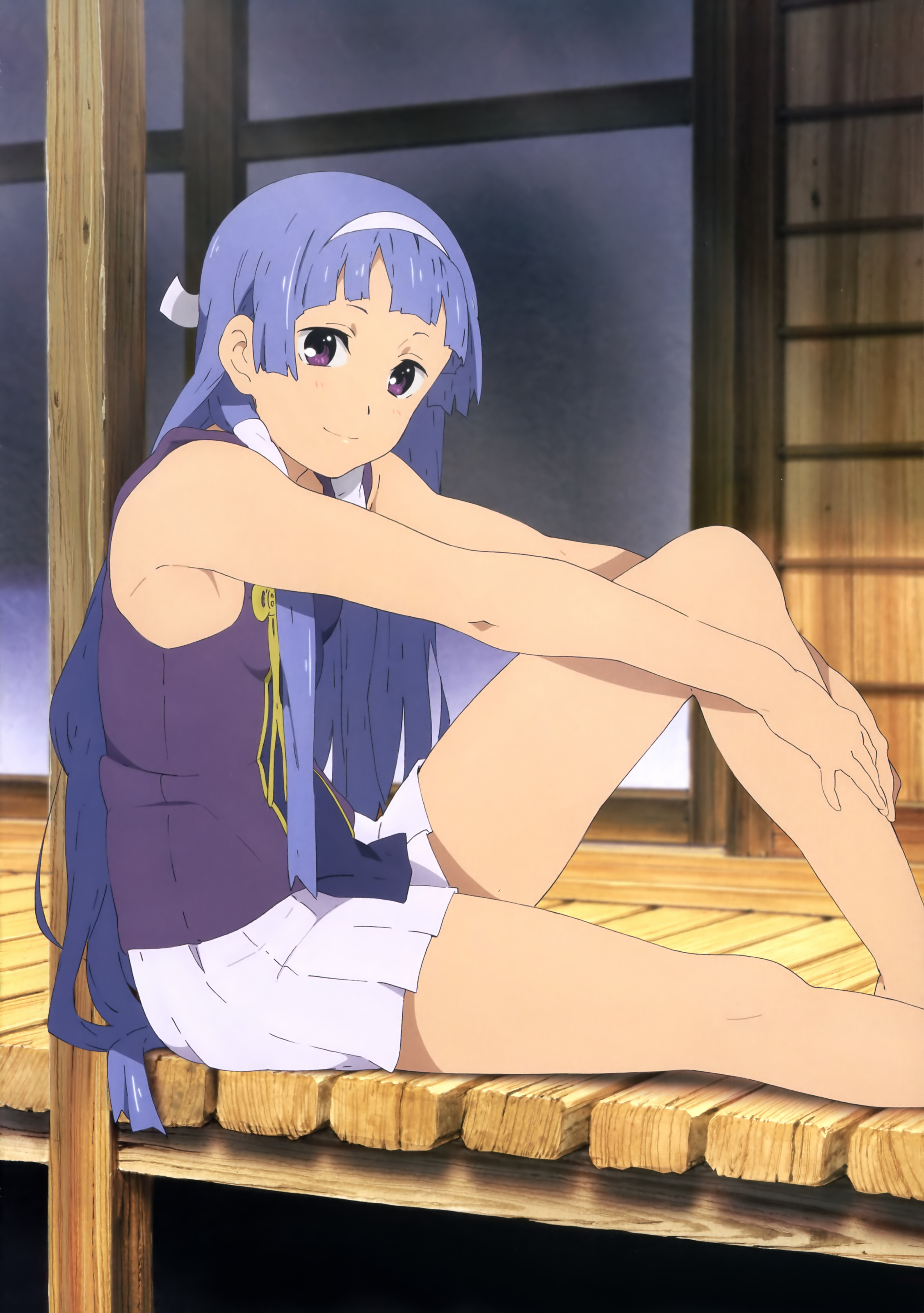 nagi, kannagi, absurdres, highres, official art, scan, 00s, 1girl, blue hair, blunt bangs, female focus, hair tubes, long hair, purple eyes, sitting, solo, wooden floor