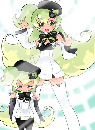 okera, macne nana, macne nana petit, apple inc., macne series, lowres, 2girls, beret, green eyes, green hair, hat, headset, macintosh, multiple girls