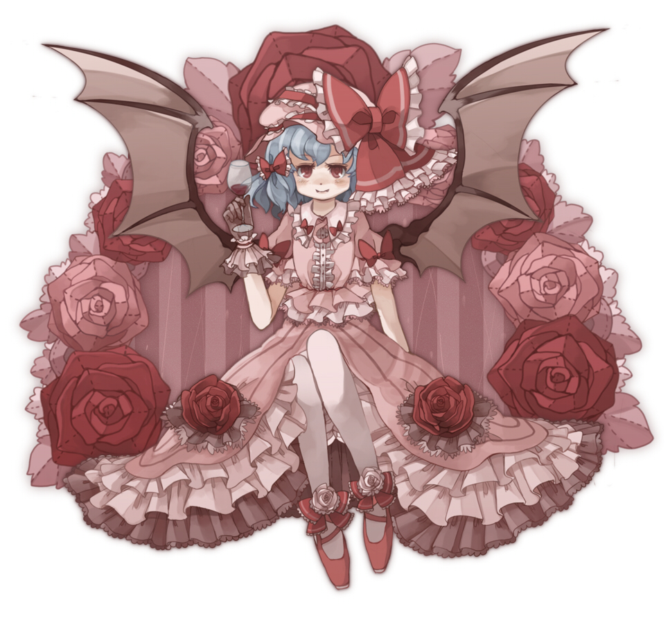 chachi, chachi (azuzu), remilia scarlet, touhou, bad id, bad pixiv id, 1girl, alcohol, bat wings, blue hair, bow, cup, drinking glass, embellished costume, female focus, flower, frills, hair ribbon, hat, red eyes, ribbon, rose, short hair, solo, wine, wine glass, wings