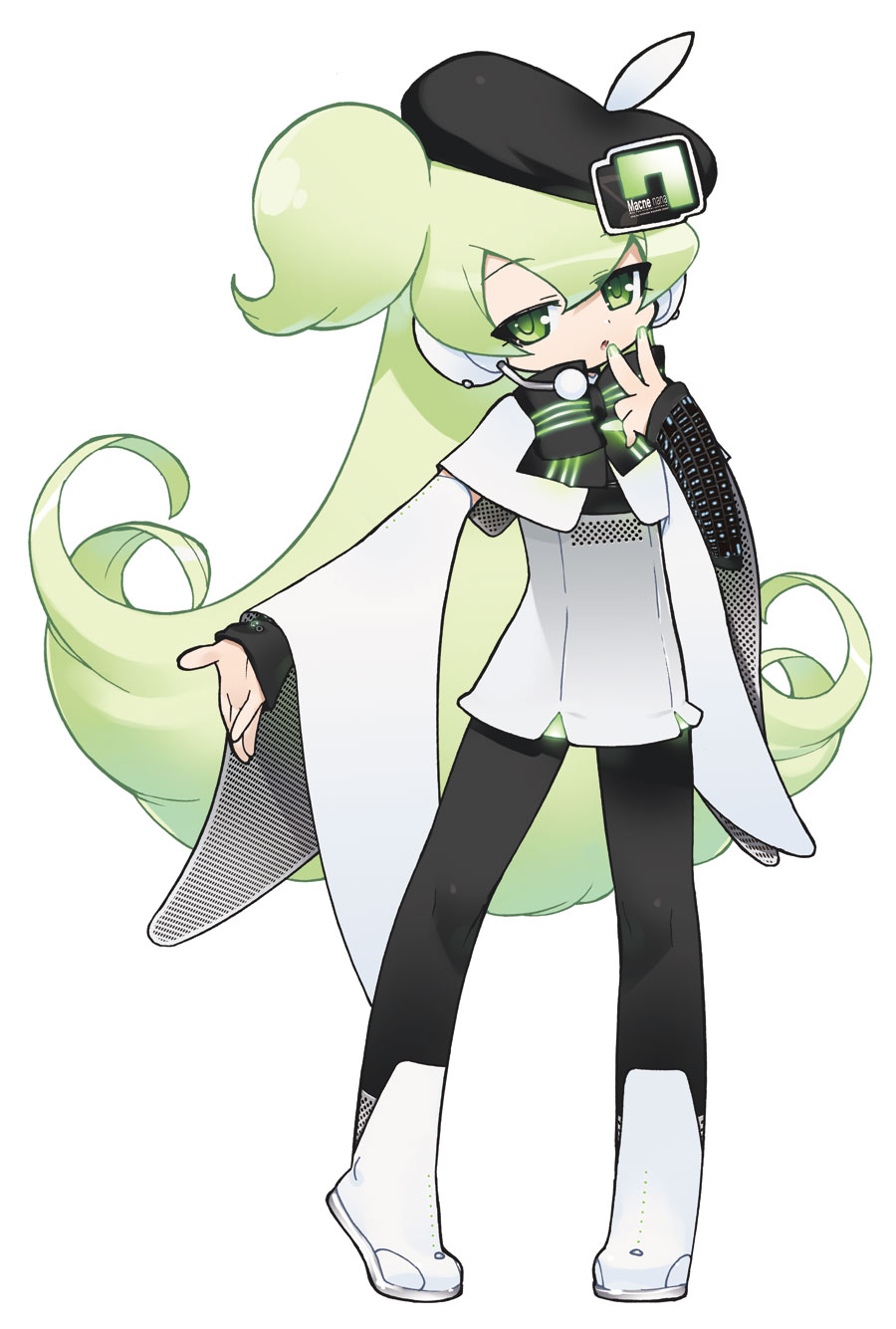 akatsuki gomoku, macne nana, macne nana petit, apple inc., macne series, highres, 1girl, beret, female focus, green eyes, green hair, green nails, hat, long hair, macintosh, matching hair/eyes, nail polish, pantyhose, sexually suggestive, solo, very long hair