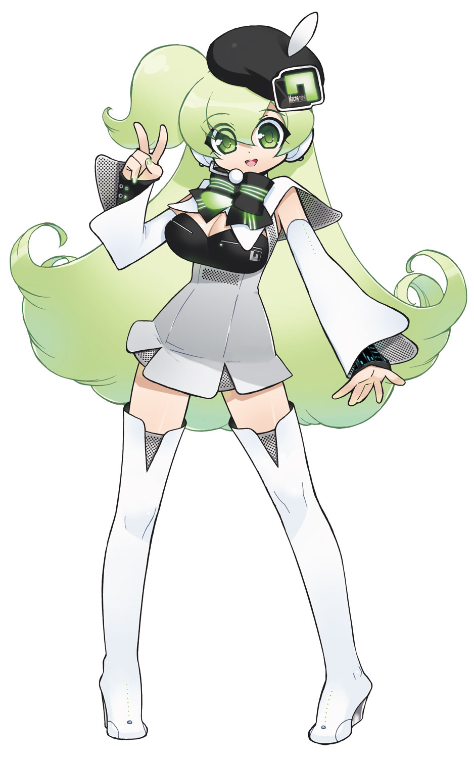 akatsuki gomoku, macne nana, apple inc., macne series, highres, 1girl, beret, female focus, green eyes, green hair, green nails, hat, headset, long hair, macintosh, matching hair/eyes, nail polish, solo, thighhighs, v, very long hair