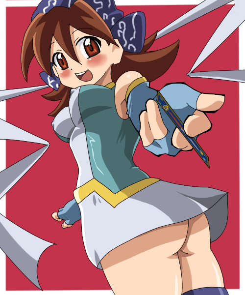 mint (pokemon), nintendo, pokemon, pokemon tcg, pokemon tcg gb, 1girl, ass, bandana, bare shoulders, between fingers, blush, breasts, brown hair, card, covered erect nipples, female focus, holding, holding card, no panties, pokemon card, red eyes, skirt, smile, solo, thighhighs