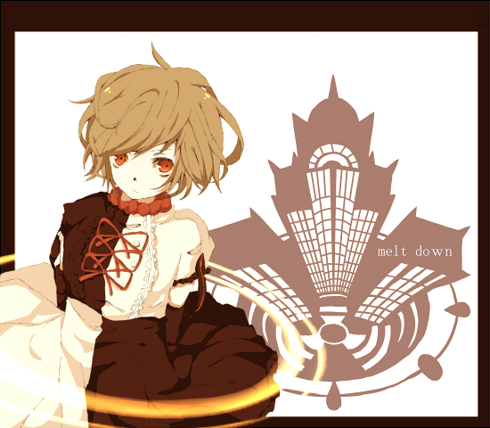 applexxx, naniiro, meiko (vocaloid), meltdown, roshin yuukai (vocaloid), vocaloid, 1girl, brown eyes, brown hair, detached sleeves, dress, female focus, short hair, solo