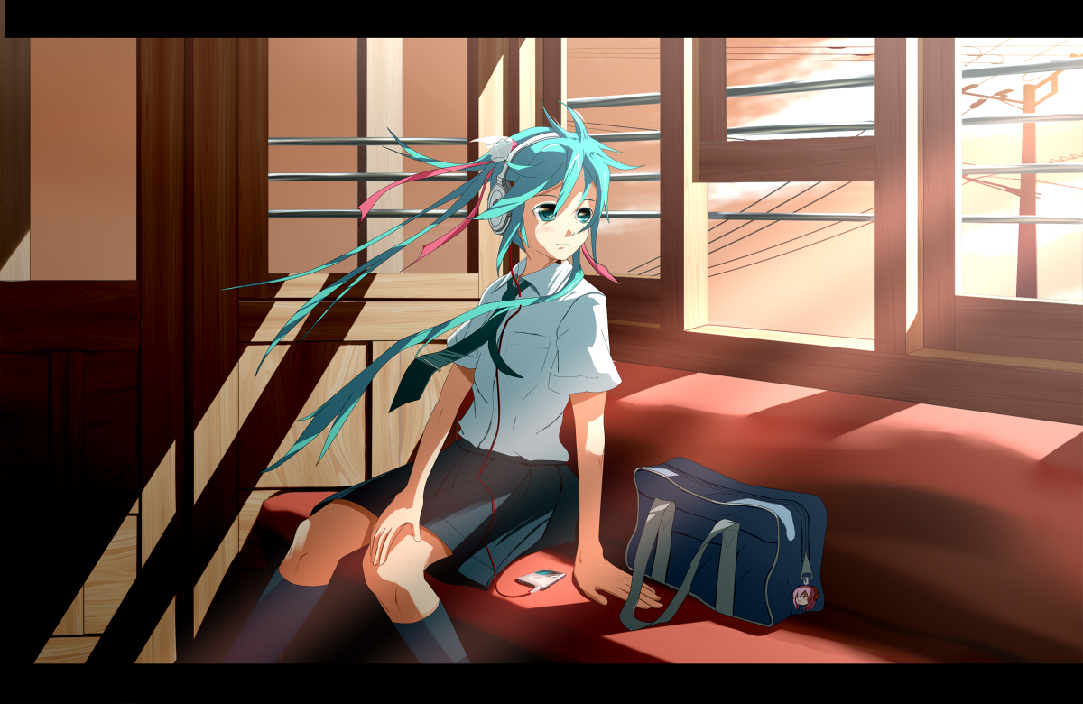 eto, hatsune miku, vocaloid, bad id, bad pixiv id, aqua eyes, aqua hair, hair ribbon, headphones, letterboxed, necktie, ribbon, school uniform, skirt, solo, twintails, wind