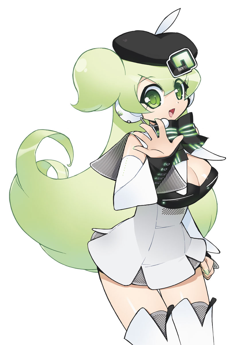 akatsuki gomoku, macne nana, apple inc., macne series, highres, 1girl, beret, female focus, green eyes, green hair, green nails, hat, headset, long hair, macintosh, matching hair/eyes, nail polish, solo, thighhighs, very long hair