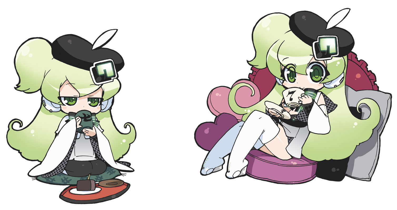 akatsuki gomoku, macne nana, macne nana petit, apple inc., macne series, 2girls, beret, green eyes, green hair, hat, headset, long hair, macintosh, multiple girls, nail polish, pillow, tea, thighhighs, very long hair