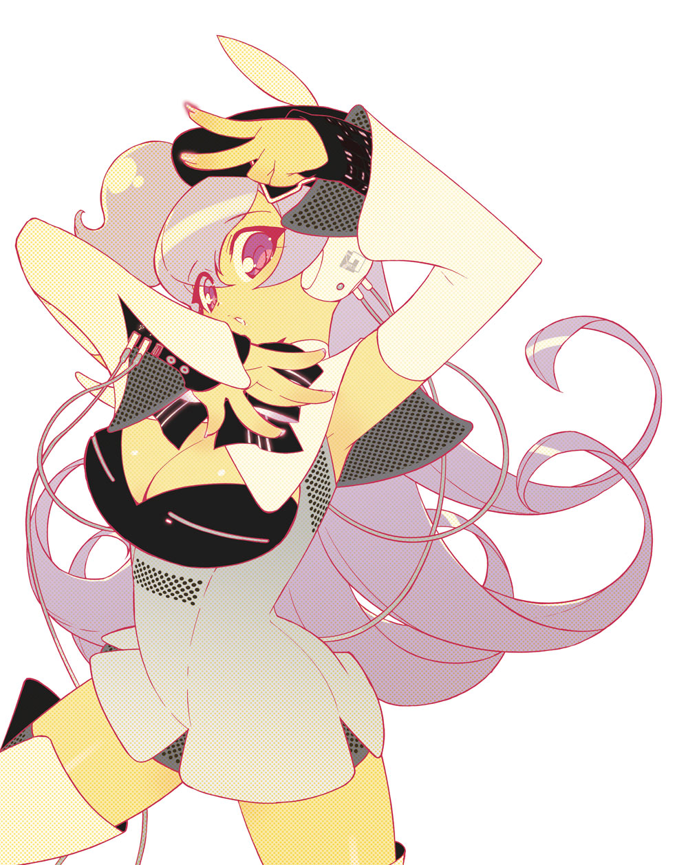 akatsuki gomoku, macne nana, apple inc., macne series, highres, 1girl, beret, female focus, green eyes, green hair, hat, headset, macintosh, matching hair/eyes, nail polish, pink nails, solo, thighhighs