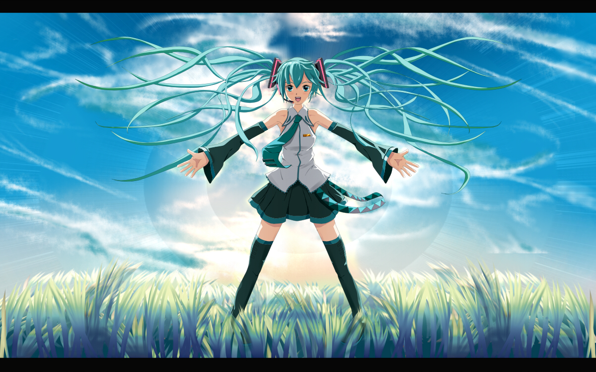 eto, hatsune miku, vocaloid, backlighting, detached sleeves, field, green eyes, green hair, headset, letterboxed, long hair, necktie, outstretched arms, skirt, sky, solo, spread arms, thighhighs, twintails, very long hair, zettai ryouiki