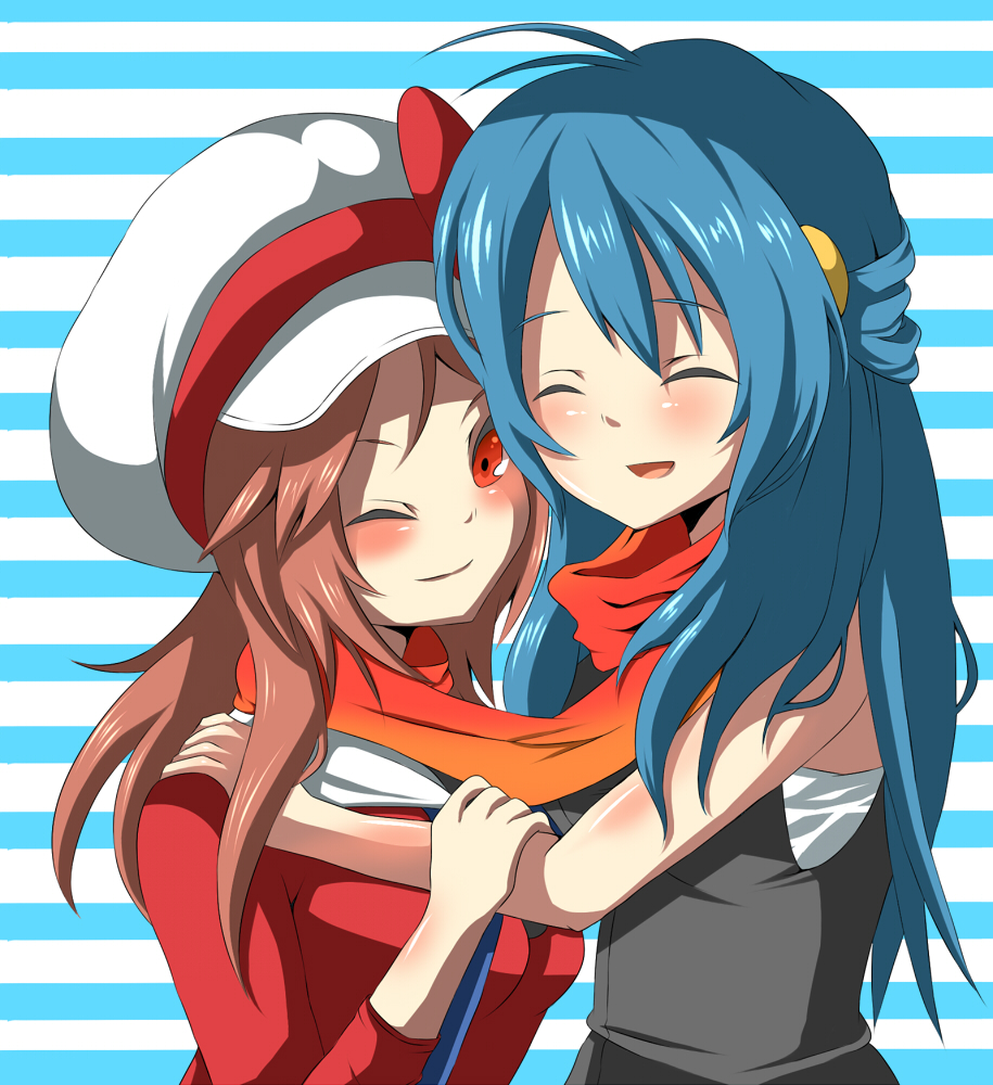dawn (pokemon), lyra (pokemon), nintendo, pokemon, pokemon dppt, pokemon hgss, 00s, 2girls, blue hair, blush, brown hair, closed eyes, hat, hat ribbon, hug, multiple girls, one eye closed, red eyes, red ribbon, ribbon, scarf, smile, wink