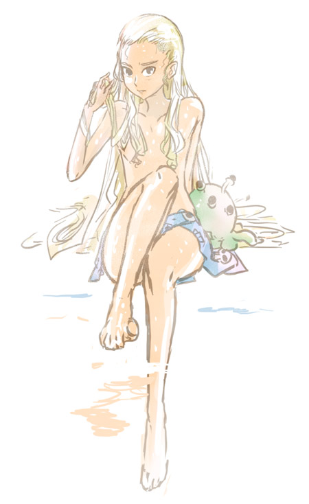 dan kim, mopple, mr. mopps, snax, momoka corner, 1girl, barefoot, blonde hair, convenient censoring, convenient leg, creature, facing viewer, feet, flat chest, full body, hair censor, long hair, looking at viewer, nude, sitting, soaking feet