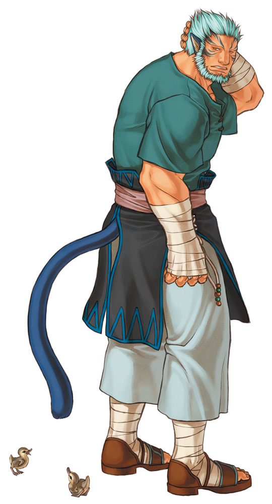 kita senri, laguz (fire emblem), mordecai (fire emblem), fire emblem, fire emblem: path of radiance, fire emblem: radiant dawn, nintendo, official art, 1boy, animal ears, beard, bird, duck, facial hair, full body, male focus, muscular, pointy ears, sandals, simple background, solo, tail, white background