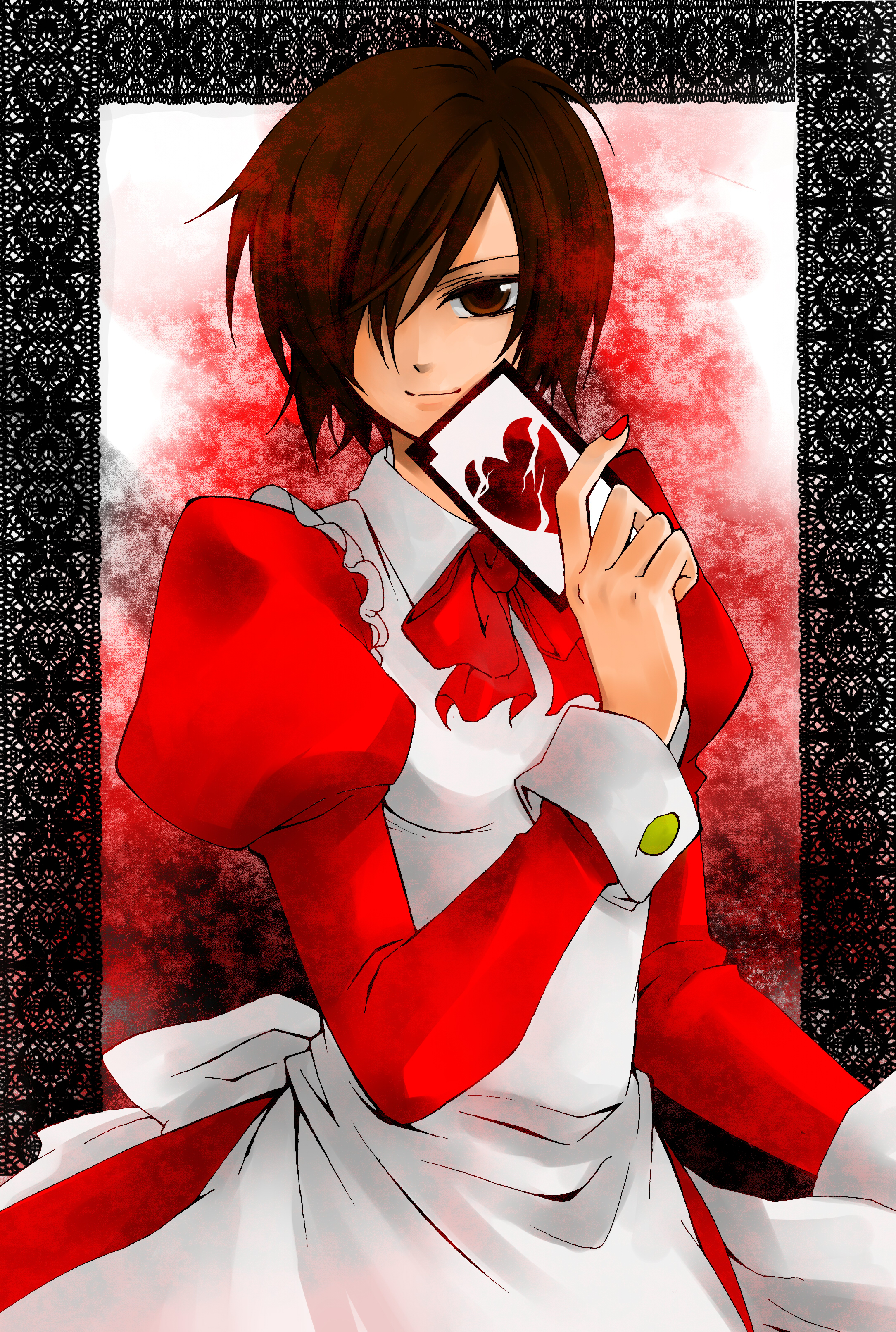 chaos966, kanna (chaos966), meiko (vocaloid), hitobashira alice (vocaloid), vocaloid, absurdres, bad id, bad pixiv id, highres, 1girl, alternate costume, apron, border, brown eyes, brown hair, card, dress, enmaided, female focus, hair over one eye, heart, holding, holding card, maid, maid apron, nail polish, necktie, red dress, red nails, short hair, smile, solo