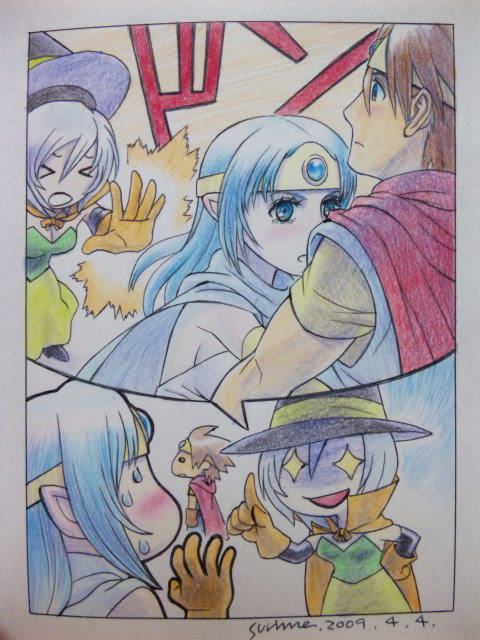 surime-dq, mage (dq3), roto (dq3), sage (dq3), chunsoft, dragon quest, dragon quest iii, enix, bad id, bad pixiv id, traditional media, + +, blue eyes, blue hair, blush, chibi, circlet, elbow gloves, gloves, hat, hug, pointy ears, pushing, smile, sweatdrop, witch hat