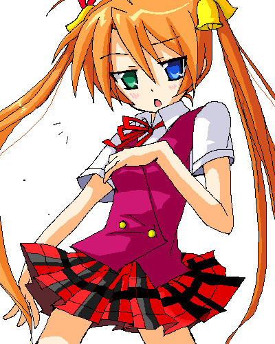 kiiro, kagurazaka asuna, mahou sensei negima!, lowres, 00s, bell, blue eyes, blush, green eyes, heterochromia, long hair, open mouth, orange hair, plaid clothes, plaid skirt, skirt, solo, twintails