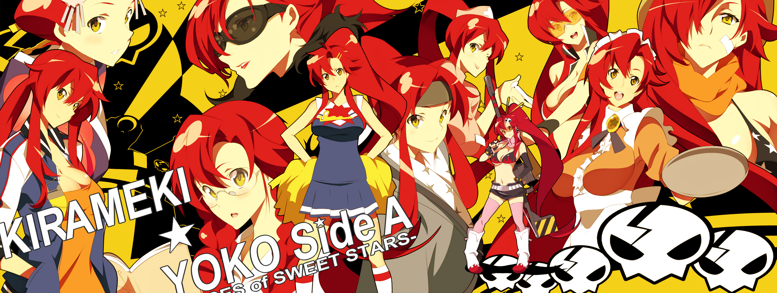 nanao (mahaya), yoko littner, pieces of sweet stars, tengen toppa gurren lagann, bad id, bad pixiv id, highres, long image, wide image, 00s, 1girl, aged up, anti-materiel rifle, apron, bandaid, bandana, bikini, bikini top only, book, boots, braid, breasts, brown eyes, cheerleader, cleavage, cowboy western, geisha, glasses, gun, hair ornament, headband, jacket, japanese clothes, large breasts, letterman jacket, lips, lipstick, long hair, maid, maid apron, makeup, multiple views, nurse, pom pom (cheerleading), ponytail, race queen, red hair, rifle, skull, skull hair ornament, sniper rifle, star (symbol), sunglasses, swimsuit, tomboy, twin braids, very long hair, weapon, yellow eyes