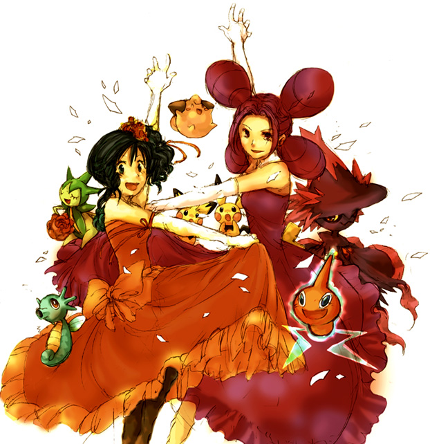 keko (corona), cleffa, dawn (pokemon), fantina (pokemon), horsea, mismagius, pichu, roselia (pokemon), rotom, rotom (normal), nintendo, pokemon, pokemon dppt, bad id, bad pixiv id, 00s, 2girls, black hair, dress, gen 1 pokemon, gen 2 pokemon, gen 3 pokemon, gen 4 pokemon, gloves, gym leader, multiple girls, pokemon (creature), purple hair, quad tails