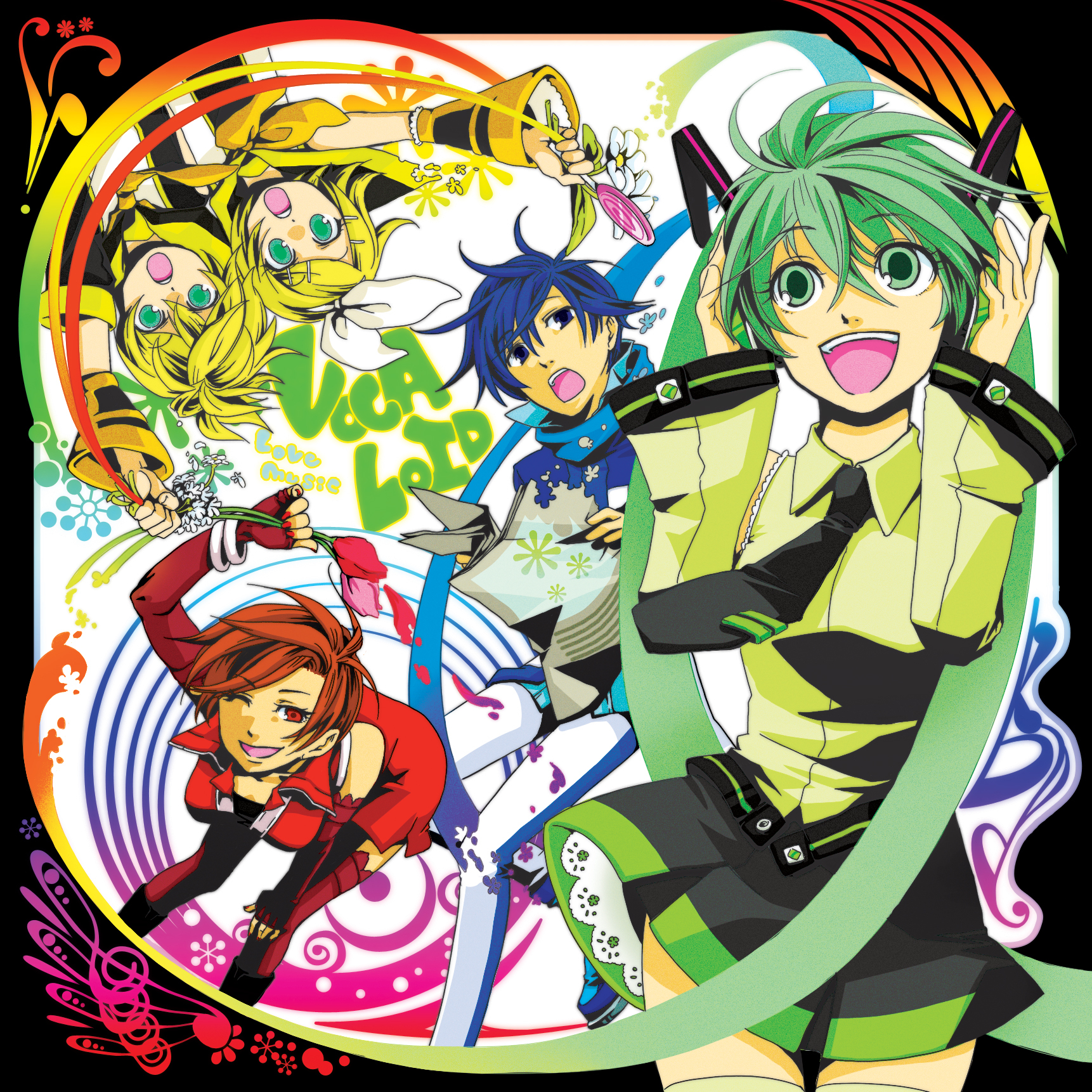 atarashi, hatsune miku, kagamine len, kagamine rin, kaito (vocaloid), meiko (vocaloid), vocaloid, highres, 2boys, 3girls, blonde hair, blue eyes, blue hair, blue scarf, brown eyes, brown hair, detached sleeves, flower, green eyes, green hair, hair ornament, hair ribbon, hairclip, long hair, midriff, multiple boys, multiple girls, necktie, open mouth, ribbon, scarf, short hair, siblings, skirt, smile, thighhighs, twins, twintails