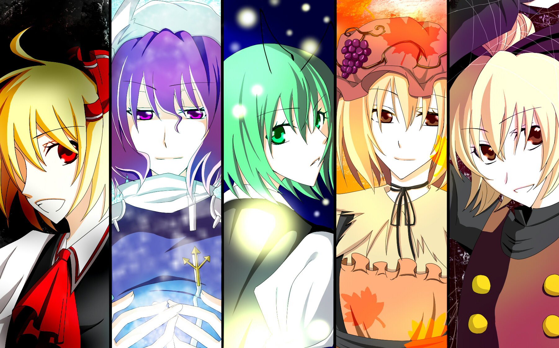 haruki (pixiv), aki minoriko, kurodani yamame, letty whiterock, rumia, wriggle nightbug, touhou, highres, 5girls, antennae, blonde hair, bow, brown eyes, bug, column lineup, female focus, fireflies, firefly, food, fruit, grapes, green eyes, green hair, hair bow, hair ribbon, hat, insect, multiple girls, purple eyes, purple hair, red eyes, ribbon, short hair, silk, spider web