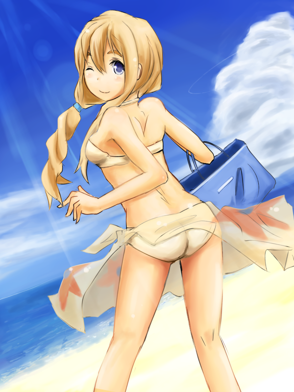kokotetsu, kotobuki tsumugi, k-on!, bad id, bad pixiv id, 00s, 1girl, ass, bag, beach, bikini, blonde hair, blue eyes, breasts, cloud, day, female focus, long hair, outdoors, sky, solo, swimsuit, white bikini