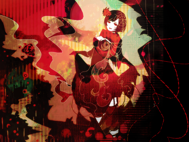 kanmi, kanmi (pixiv69613), meiko (vocaloid), vocaloid, bad id, bad pixiv id, 1girl, brown eyes, brown hair, dress, female focus, flower, red dress, short hair, solo